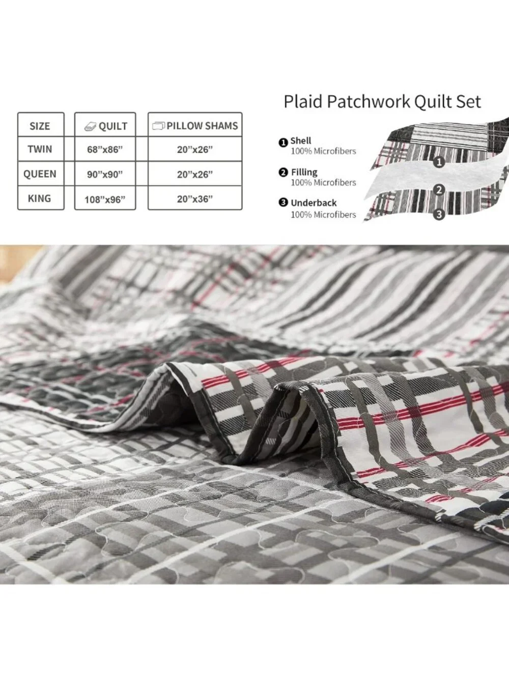 Twin Size Plaid Quilt Set - Black White Grey Reversible Bedspread, Soft
